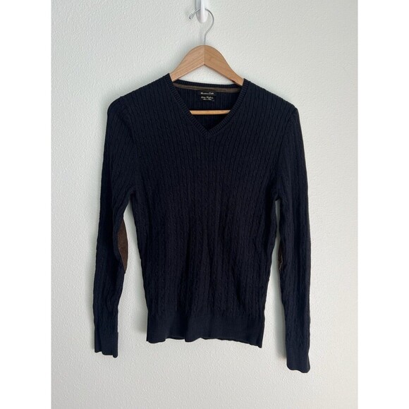 Massimo Dutti Cable Knit Sweater V-Neck Wool Cashmere Blend Suede Elbow Patch S - Picture 1 of 7